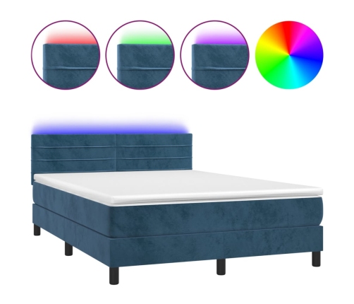 Cama box spring colchón y LED terciopelo azul oscuro 140x190 cm