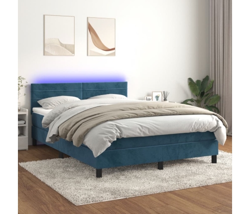 Cama box spring colchón y LED terciopelo azul oscuro 140x190 cm