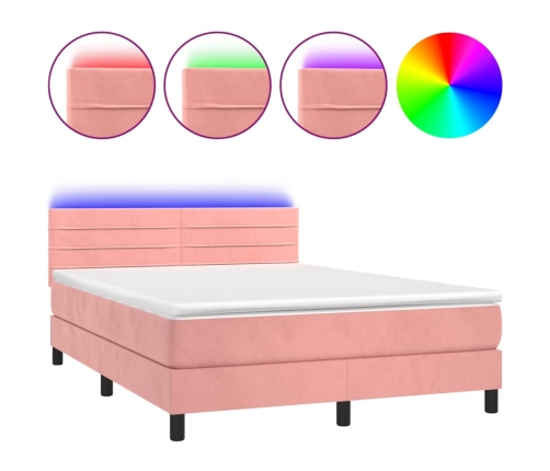 Cama box spring colchón y LED terciopelo rosa 140x190 cm