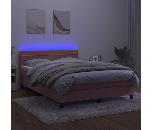 Cama box spring colchón y LED terciopelo rosa 140x190 cm