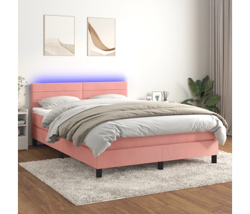 Cama box spring colchón y LED terciopelo rosa 140x190 cm