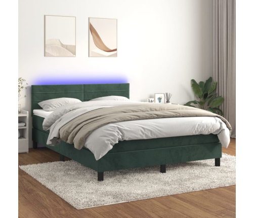 Cama box spring colchón y LED terciopelo verde oscuro 140x200cm