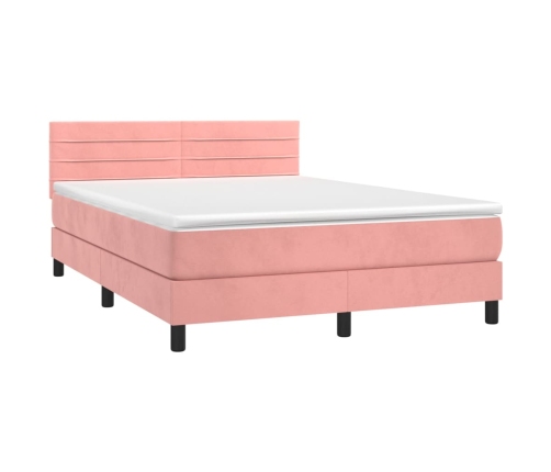 Cama box spring colchón y LED terciopelo rosa 140x200 cm