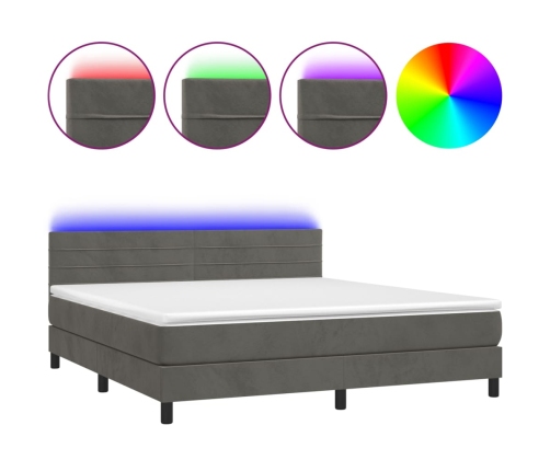 Cama box spring colchón y LED terciopelo gris oscuro 160x200 cm