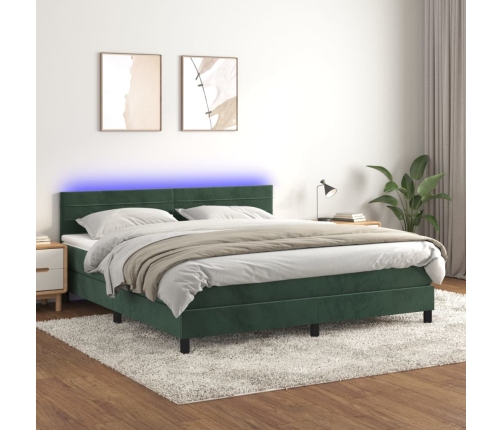 Cama box spring colchón y LED terciopelo verde oscuro 160x200cm