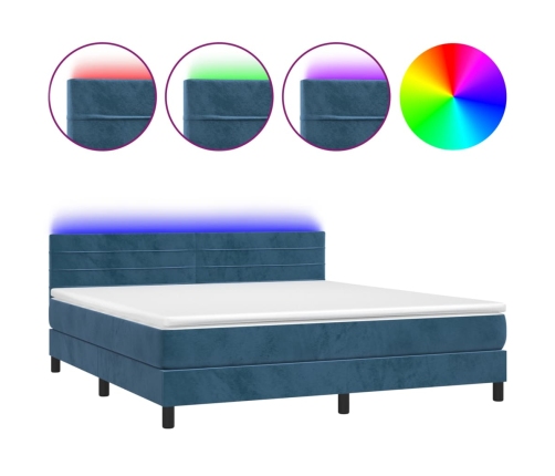 Cama box spring colchón y LED terciopelo azul oscuro 180x200 cm