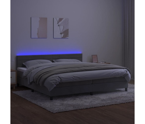 Cama box spring colchón y LED terciopelo gris claro 200x200 cm