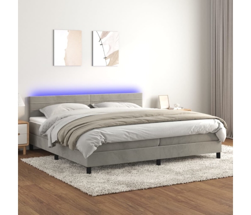 Cama box spring colchón y LED terciopelo gris claro 200x200 cm