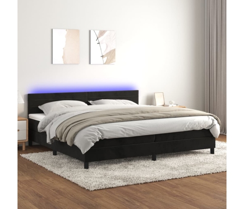 Cama box spring colchón y LED terciopelo negro 200x200 cm