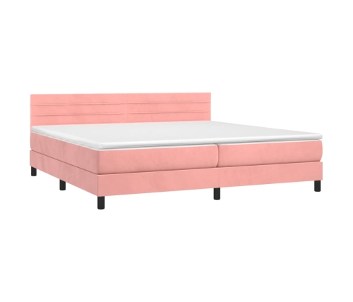 Cama box spring colchón y LED terciopelo rosa 200x200 cm