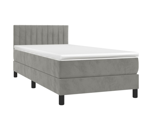 Cama box spring colchón y LED terciopelo gris claro 80x200 cm