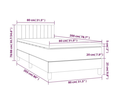 Cama box spring colchón y LED terciopelo gris claro 80x200 cm