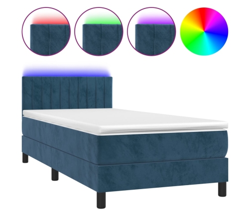 Cama box spring colchón y LED terciopelo azul oscuro 80x200 cm