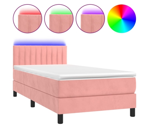 Cama box spring colchón y LED terciopelo rosa 90x190 cm