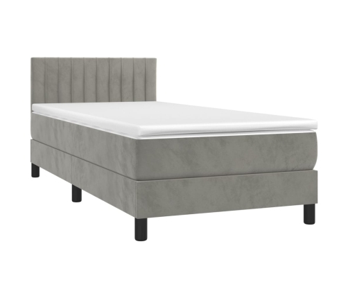 Cama box spring colchón y LED terciopelo gris claro 90x200 cm