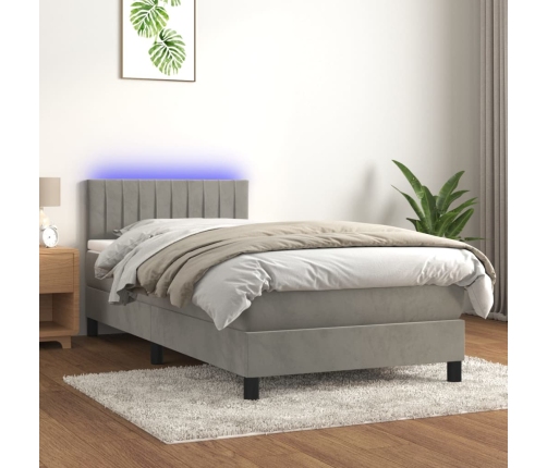 Cama box spring colchón y LED terciopelo gris claro 90x200 cm