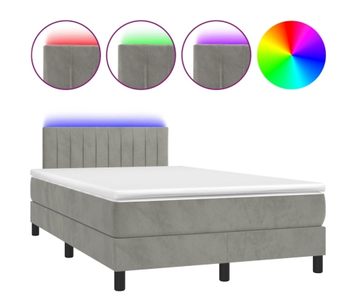 Cama box spring colchón y LED terciopelo gris claro 120x200 cm