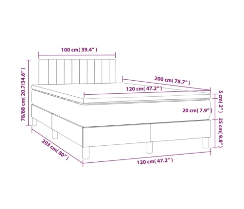 Cama box spring colchón y LED terciopelo gris claro 120x200 cm