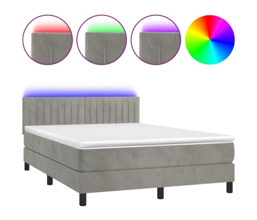 Cama box spring colchón y LED terciopelo gris claro 140x190 cm