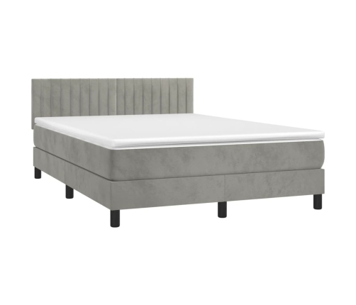 Cama box spring colchón y LED terciopelo gris claro 140x190 cm