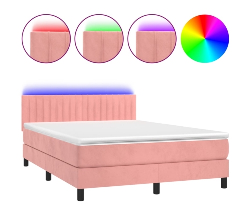 Cama box spring colchón y LED terciopelo rosa 140x190 cm
