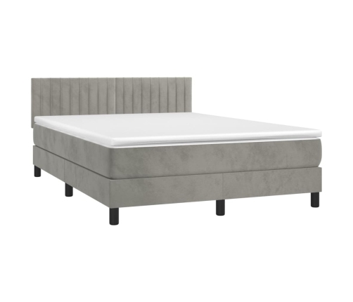 Cama box spring colchón y LED terciopelo gris claro 140x200 cm