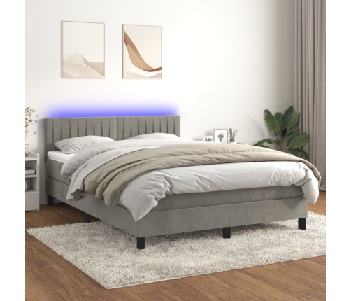 Cama box spring colchón y LED terciopelo gris claro 140x200 cm