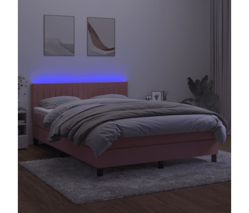 Cama box spring colchón y LED terciopelo rosa 140x200 cm