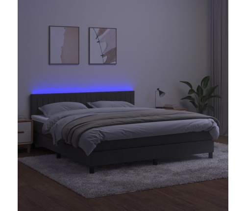 Cama box spring colchón y LED terciopelo gris oscuro 160x200 cm