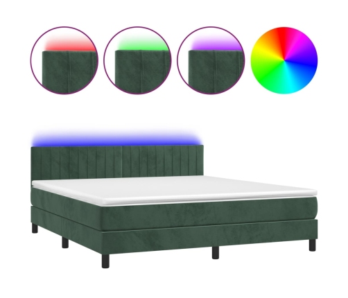 Cama box spring colchón y LED terciopelo verde oscuro 160x200cm