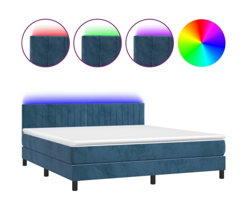 Cama box spring colchón y LED terciopelo azul oscuro 160x200 cm