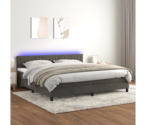 Cama box spring colchón y LED terciopelo gris oscuro 200x200 cm