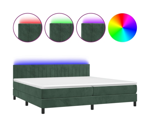 Cama box spring colchón y LED terciopelo verde oscuro 200x200cm