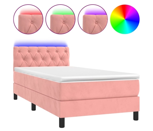 Cama box spring colchón y LED terciopelo rosa 80x200 cm