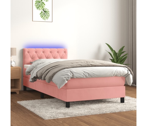 Cama box spring colchón y LED terciopelo rosa 80x200 cm