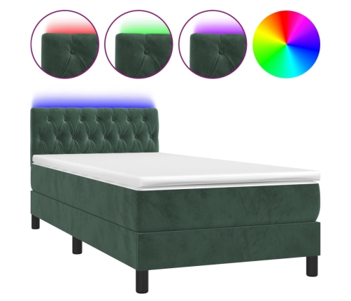 Cama box spring colchón y LED terciopelo verde oscuro 90x190 cm