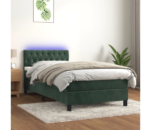 Cama box spring colchón y LED terciopelo verde oscuro 90x190 cm