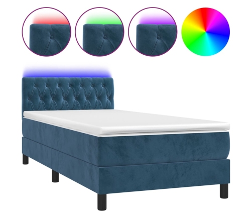 Cama box spring colchón y LED terciopelo azul oscuro 90x190 cm