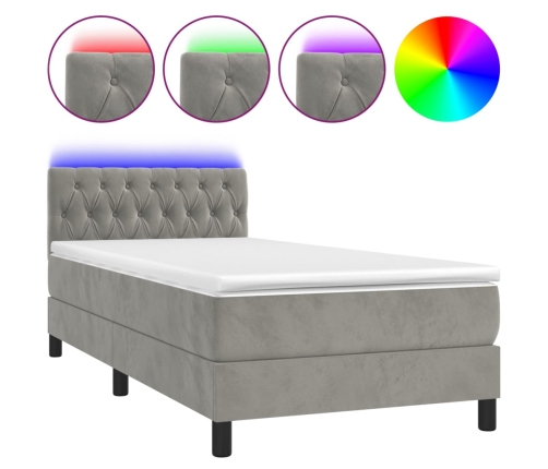 Cama box spring colchón y LED terciopelo gris claro 90x200 cm