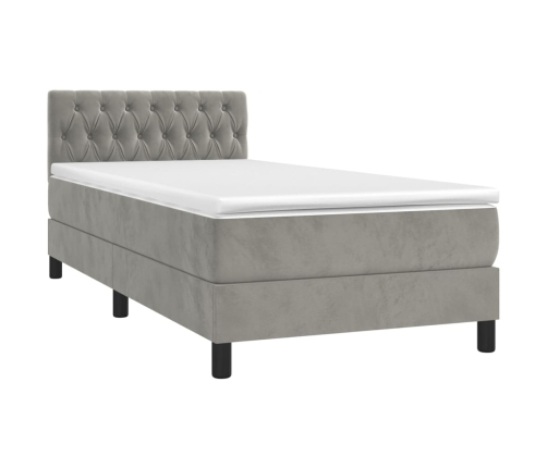 Cama box spring colchón y LED terciopelo gris claro 90x200 cm