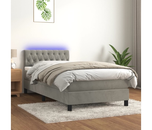 Cama box spring colchón y LED terciopelo gris claro 100x200 cm