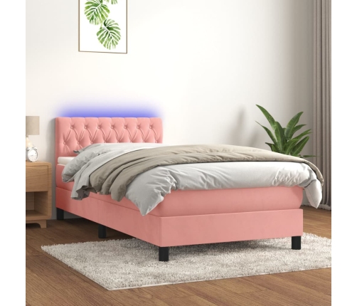 Cama box spring colchón y LED terciopelo rosa 100x200 cm