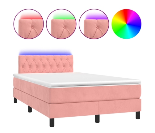 Cama box spring colchón y LED terciopelo rosa 120x200 cm