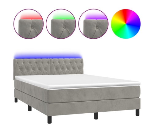 Cama box spring colchón y LED terciopelo gris claro 140x190 cm