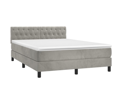 Cama box spring colchón y LED terciopelo gris claro 140x190 cm