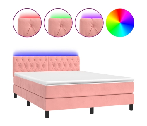 Cama box spring colchón y LED terciopelo rosa 140x190 cm