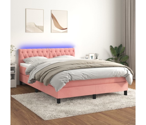 Cama box spring colchón y LED terciopelo rosa 140x190 cm