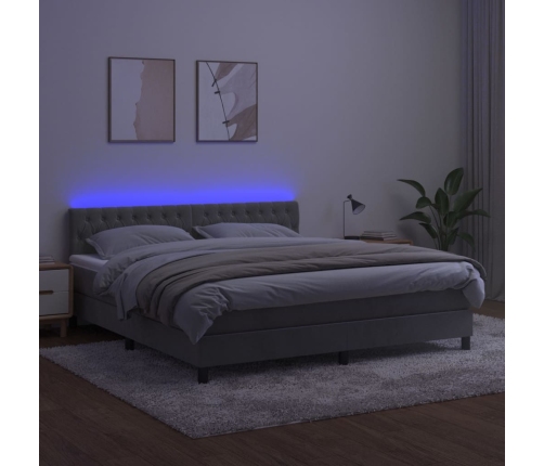 Cama box spring colchón y LED terciopelo gris claro 160x200 cm