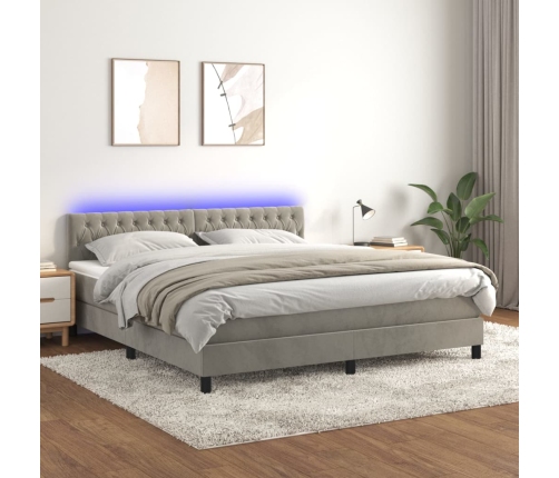 Cama box spring colchón y LED terciopelo gris claro 160x200 cm