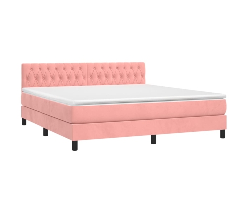 Cama box spring colchón y LED terciopelo rosa 160x200 cm